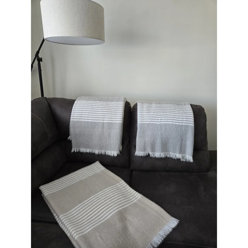 Lot Of 3 Pottery Barn Modern Fringe Farmhouse Striped Throw Blankets 50